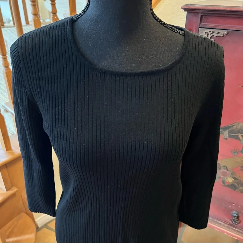 August Silk Black 3/4 Sleeve Ribbed Scoop Neck Sweater Viscose Blend Sz L - Picture 2 of 6